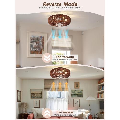 20 Wood Ceiling Fans with Lights Flush Mount, Caged Farmhouse Rustic Ceiling Fan with Light Remote Control, Wooden Low Profile for Bedroom, Living Room, Nursery