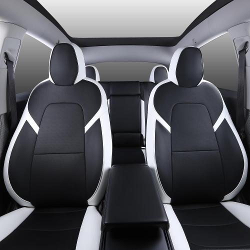 Suitable for Tesla Model Y Seat Covers, Waterproof Faux Leather Car Seat Covers Full Set for Tesla Model Y 2020 2021 2022 2023 2024 (Black  White)