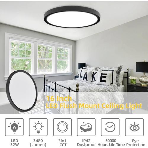 3 Pack Black 16Inch Led Flush Mount Ceiling Light,16 Inch 32w 3480lm,3000k/4000k/6000k 3CCT Selectable, Round Modern Flat Panel Super Slim Led Ceiling Light,for Living Dining Kitchen Bedroom Room (4Pack-Black)