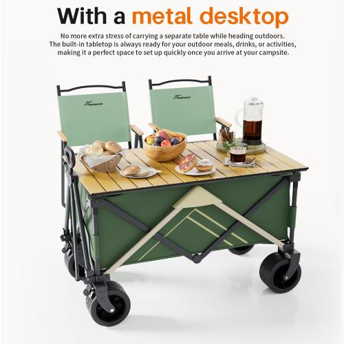 Wagons Carts Foldable, Wagon with Table Top,Beach Wagon with Big Wheels for Sand,Camping Sports Garden Beach Grocery（Green）