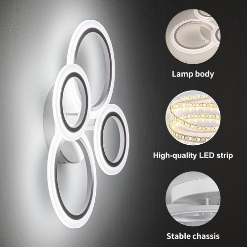 34W LED Ceiling Light with Remote, 3000-6000K Dimmable Modern Flush Mount Ceiling Lighting Fixture White 4 Rings Round Chandelier Ceiling Lamp for Small Room, Bedroom
