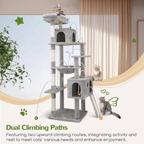 Globlazer Heavy Duty Cat Tree, 70 inch Sturdy Cat Tree for Indoor Cats Extra Large Cat Tower with Scratching Post, Hammock, Cat Condo for Adult Cats Kittens, F70 Pro, Light Grey ‼️light use‼️
