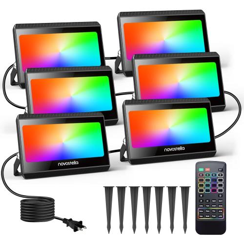 NOVOSTELLA RGBW LED Flood Light Outdoor Interconnected, Color Changing Landscape Floodlights with RF Remote, 2700K White IP66 60W Uplighting for Halloween Christmas, for House Garden Yards Stage
