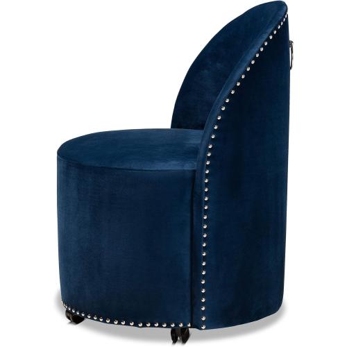 Baxton Studio Bethel Glam and Luxe Navy Blue Velvet Fabric Upholstered Rolling Accent Chair  ( the  polyurethane wheels is broken see the pictures)