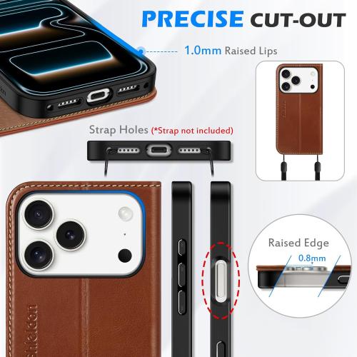 SHIELDON Genuine Leather Wallet Case for iPhone 17 Pro 6.3 2025 | Flip Cover | Magnetic Closure | RFID Blocking Credit Card Holder | Kickstand | Shockproof Phone Cover | Retro Brown