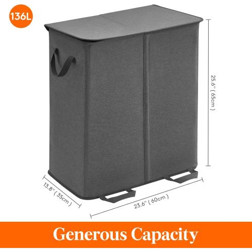 Lifewit Double Laundry Hamper with Lid and Removable Laundry Bags, Large Collapsible 2 Dividers Dirty Clothes Basket with Handles for Bedroom Laundry Room Closet Bathroom College, gray