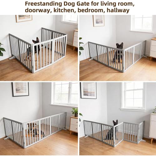 ZJSF Freestanding Indoor Dog Gate for House Foldable Wood Puppy Gate for Doorways Pet Gate for Stairs Extra Wide Pet Fence, Grey, 32 Height 6 Panels