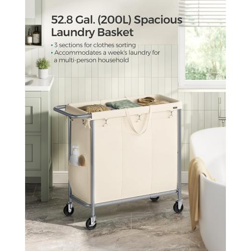 SONGMICS Laundry Basket with Wheels, 3-Section Rolling Laundry Hamper, 52.8 Gallons (200 L), Removable Liner, Steel Frame with Handle, 35.8 x 15.4 x 31.9 Inches, Cream White URLS005W01