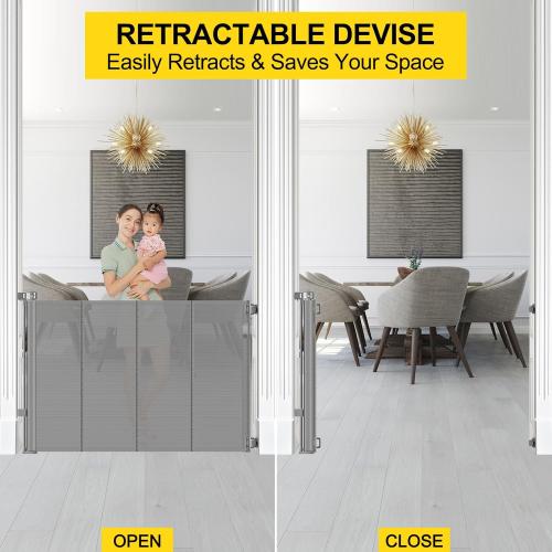 Reinforced 42” Extra Tall Pet Gate for Doorways, Extends up to 60” Wide, Extra Tall Retractable Baby Gates with Rods to Prevent Crawling Through Retractable Mesh Dog Gate Indoor Outdoor, Gray