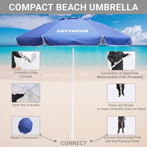 6ft Beach Umbrella - Heavy Duty Wind Resistant UV 50  Portable Sun Shade with Sand Anchor & Carry Bag, Outdoor Folding Umbrella for Beach, Pool, Patio, Garden (Dark Blue)