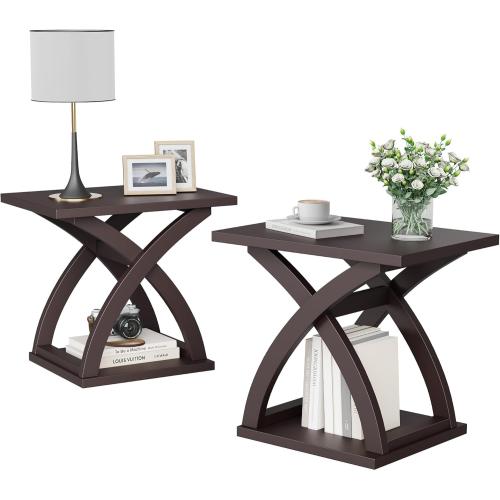ChooChoo End Side Table Set of 2, Modern End Table with Storage Shelf, X-Design Side Table Living Room (Espresso)