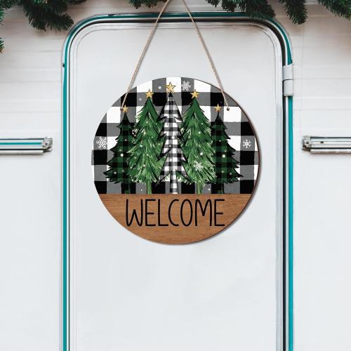 Christmas Welcome Door Sign Decoration Rustic Xmas Tree Winter Wonderland Wreath Black White Buffalo Plaid Hanging Sign Farmhouse Xmas Winter Decor for Front Porch Door Wall Window 2 pk