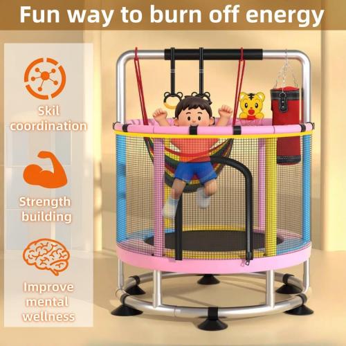 Trampoline for Kids with Enclosure, 440lbs Capacity Indoor & Outdoor Toddler Trampoline with Adjustable Gymnastics Bar & Toys, Gifts for Boys & Girls