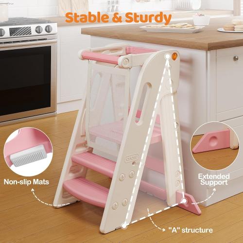 Onasti Folding Toddler Kitchen Tower, Kids Kitchen Step Stool for Learning with Movable Safety Rail, Non-Slip Surface, Easy Assembly for Parents & Grandparents-Pink