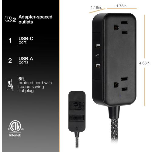 GE Flat Plug Power Strip Extension Cord with USB Ports, Travel Power Strip with 2 Outlets 3 USB Ports, Cruise Ship Essentials, 6 Ft Braided Small Extension Cord Flat Wall Plug, ETL Listed Black, 82586