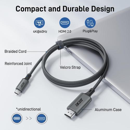 acer USB C to HDMI Cable for Home Office 6.6FT (4K@60Hz), Thunderbolt 4/3 Compatible, High-Speed Type C to HDMI 2.0 Braided Cord for MacBook, iPhone 17/16 Pro/Max, iMac, iPad Pro, Galaxy S25, Surface