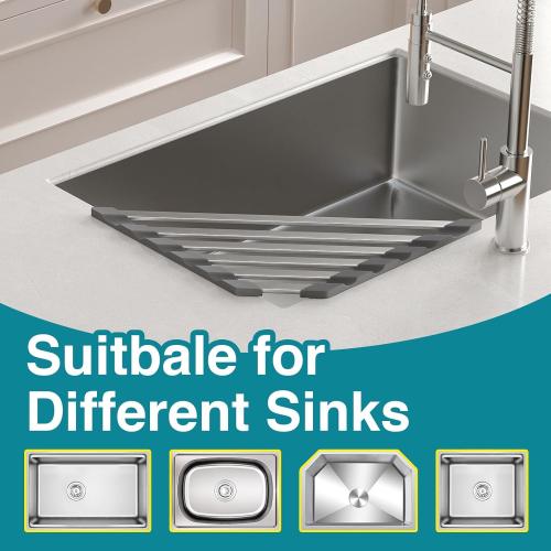 Corner Sink Drying Rack, 16x9.5 Rust-Proof Aluminum Triangular Dish Drainer, Heat Resistant Roll Up Mat for Kitchen Counter, Sponge Holder & Organizer with Non-Slip Silicone Base, Gray