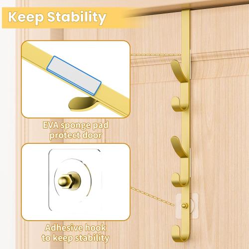 Kaiferty Over the Door Hooks, Metal Door Hooks for Hanging, Over the Door Purse Organizer for Door Coat Hanger, Back of Shower for Hanging Towel Rack Clothes, Hat, Bathroom, Closet (Gold-2Packs)