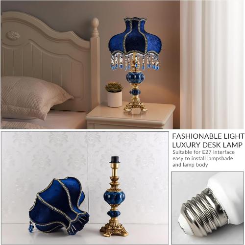 European Style Table Lamp with Fabric Lampshade Hand-Made Antique Varnished Resin Lampbody Victorian Style Table Lamp for Living Room Bedroom(Blue)