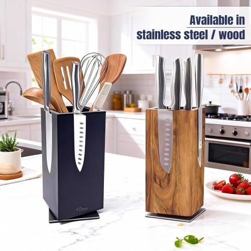 Dmore magnetic knife block without knives, 360° rotatable magnet knife holder stand made of fine acacia wood, Extra Large capacity knife storage for knives and utensils for kitchen counter top