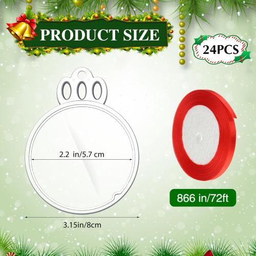 24 Pcs 2025 Christmas Clear Round Frame Ornaments with Red Ribbon, Acrylic Blank Round Photo Frame Bulk, Hanging Photo Ornaments for Christmas Tree Decoration (Crown Style)