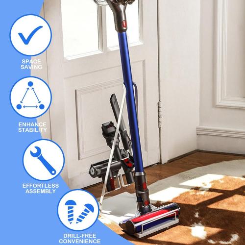 No-Drill Vacuum Cleaner Stand, Sturdy Metal Storage Rack with Large Base, Accessory Docking Station Holder, Compatible with Most Cordless Stick Vacuums, Home Organizer (White)