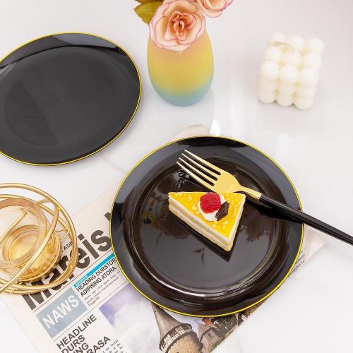 I00000 144Pcs Black and Gold Dessert Plate Set, Including 72Pcs Black and Gold Plastic Plates 7.5 and 72Pcs Disposable forks 8.5, Fancy Salad Plates with Gold Rim for Thanksgiving and Party
