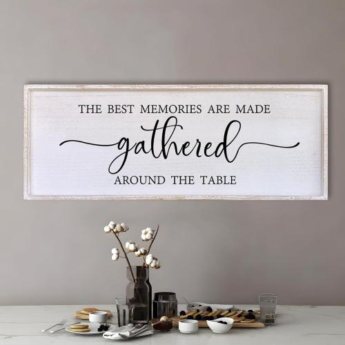 The Best Memories Are Made Gathered Around The Table Wall Decor 40x15 Large Rustic Farmhouse Dining Room Wood Framed Modren Signs Kitchen Home Simple Hanging Wall Art (White)