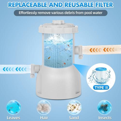 Standard Series Above Ground Pool Filter Pump - 800 GPH Flow Rate | Rapid Circulation & Micro-Debris Filtration, Pool Cartridge Filter Pump System - Keep Water Crystal Clean & Clear - Grey