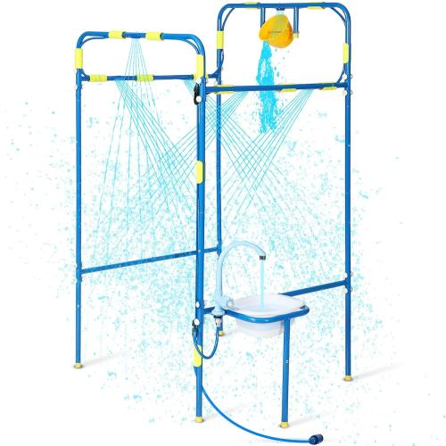 Backyard Waterpark for Kids, Heavy-Duty Steel Water Park Sprinkler Toy Game with Splash Buckets, Collapsible Wash Basin & Water Faucets, Water Play Activities Outdoor Summer Toys