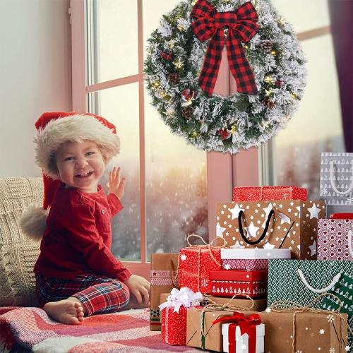 Christmas Wreaths for Front Door, DECSPAS 24 Inch 2 FT Prelit Snowy Flocked Christmas Wreath with Timer 30 LED Lights Bow Red Berries Pine Cone, Xmas Wall Windows Decorations Home Decor Outdoor Indoor