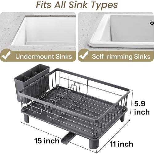 SNTD Dish Drying Rack - Small Dish Rack for Kitchen Counter, Stainless Steel Dish Drainer with Utensil Holder and Drainboard, 11 W x 15 L (Grey)