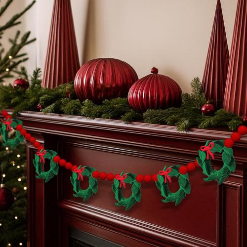 Peryiter 6.6 ft Wool Felt Christmas Garland with Wool Green Wreath Red Pompom Ball Garland Red Green Xmas Hanging Felt Banner for Christmas Holiday Fireplace Mantel Door Table Furnace Home Decoration
