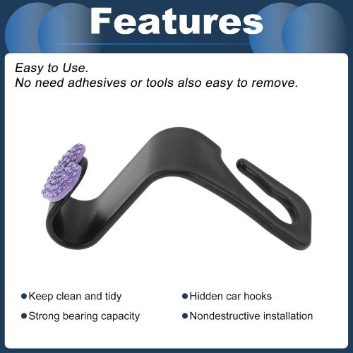 Car Seat Headrest Hook Interior Accessories for Most Car, SUV, Truck Car Seat Back Organizer Hooks Plastic Rhinestone Sturdy Purple 2.4x1.26
