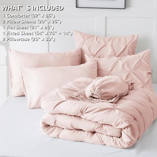 Pink 82x86 Full Comforter Set 7 Pieces Bed in A Bag Pink Luxury Soft Full Size Bed Set Pintuck Pinch Pleat Bedding Sets with Comforter, Flat Sheet, Fitted Sheet and Pillowcases & Shams