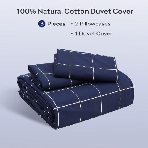 JELLYMONI 100% Natural Cotton 3pcs Plaid Duvet Cover Sets, Checkered Queen Comforter Cover, 1 Duvet Cover and 2 Pillow Cases with Zipper Closure & Corner Ties, Dark Blue