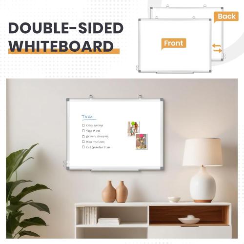 Double-Sided White Board 24x18 Dry Erase Magnetic for Wall | Smooth Writing Easy Clean, Magnetic Whiteboard for Wall, Double-Sided Dry Erase, Aluminum Frame, Home Office School