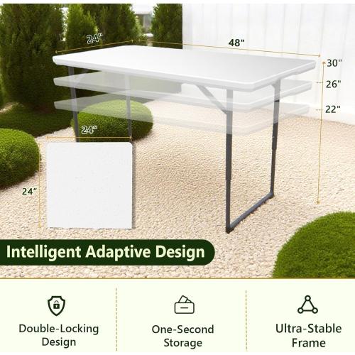 Folding Table, 4FT Foldable Picnic Table with Adjustable Height, Heavy Duty Fold-in-Half Portable Table for Weddings, Camping, RV Travel, Parties, BBQs, and Indoor Use, Easy to Fold and Store