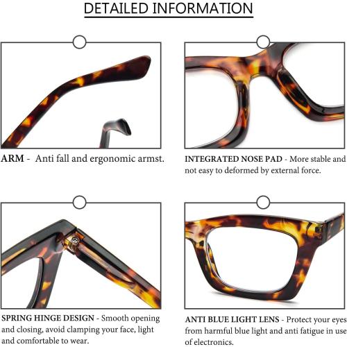 REAVEE 6 Pack Reading Glasses for Women Blue Light Blocking, Cute Square Computer Readers with Spring Hinge