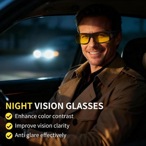 Night Vision Glasses for Driving - Wrap Around Fit Over Glasses for Men Women Anti Glare Polarized HD Yellow Lens