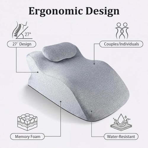 Ergonomic Contoured Support Pillow, Angle Wedge Memory Foam Pillow, Multi-Functional Neck Back Waist Pillow for Bed Sleeping & Reading, with Removable Pillowcase Light Gray