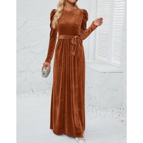 Size  S....Women's Velvet Maxi Dress Fall 2025 Long Puff Sleeve Crew Neck Elastic High Waist Cocktail Party Bridesmaid Dresses