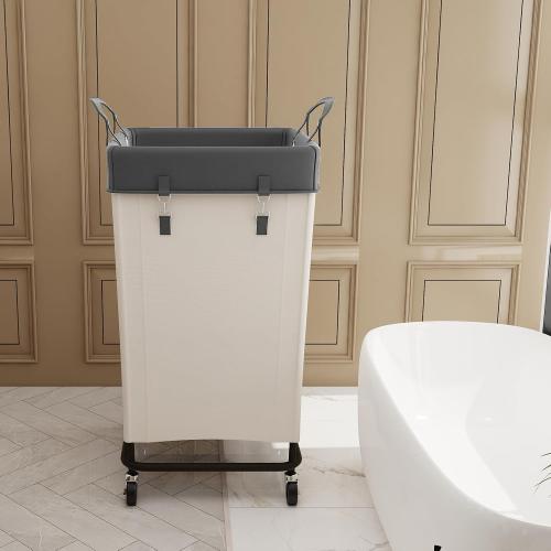 FLYBOX Laundry Hamper with Heavy Duty Steel Frame, 160 L Industrial Laundry Basket Cart with Wheels for Hotel, Home, Laundry Room, 17.72''L x 17.72''W x 30.91''H, Medium Grey Leather