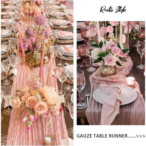 7 Pack Light Pink Cheesecloth Table Runners 35x120 Inch, Wide Pleated Boho Gauze Runner for Wedding Baby Shower Birthday Party, Semi-Sheer Rustic Table Decor