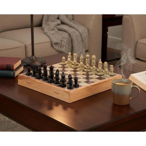 StonKraft - 10 X 10 Chess Board with Wooden Base & Stone Inlaid & Stone Pieces Game Set
