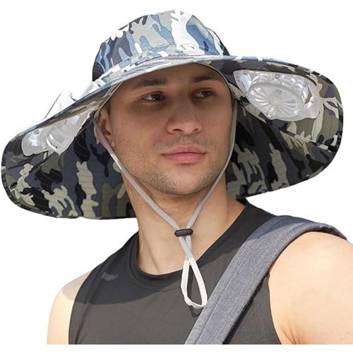 Mens Sun Hat with 2 Fan, Summer Cooling Wide Brim Bucket Hat, Beach Hat Garden Hat, Solar   USB Dual Power Supply