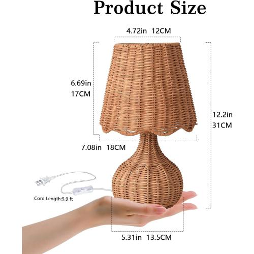 Ziqqeelam Rattan Table Lamp for Bedroom, Boho Small Table Lamps for Bedside, Farmhouse Mini Small Table Lamps for Small Spaces for Kitchen Counter, Bookshelf, Nightstand, Bedroom, Kids Dorm