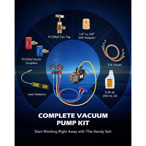 Orion Motor Tech R1234yf AC Vacuum Pump and Gauge Set, 1/3 hp 4 cfm Vacuum Pump Manifold Gauge Kit with Leak Detector 3 Hoses & Adapter for R1234yf, A/C Vacuum Pump Kit for Auto HVAC Systems