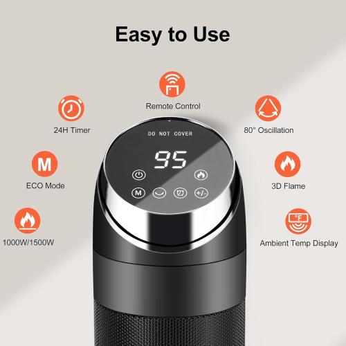 Space Heaters for Large Room, 38IN Electric Heater with Thermostat, 1500W Portable Space Heater with 80°Oscillation, 24H Timer Bedroom Heater, Remote Control, Tip-over & Overheat Protection Indoor Use