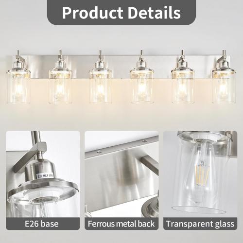 6-Light Brushed Nickel Bathroom Light Fixture Over Mirror Modern Bathroom Vanity Light Vintage Wall Lighting with Clear Glass Shade for Bathroom, Bedroom, Hallway, Cabinet